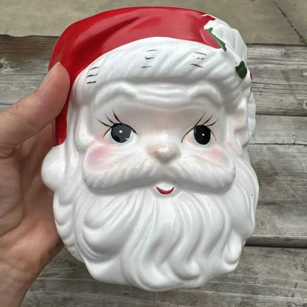 Vintage Ceramic Santa Head Planter Christmas Vase No Handle Holly 6 In
